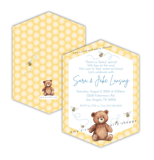Geometric shape Honeycomb, honey bee teddy bear baby shower invitation for baby boys and baby girls.