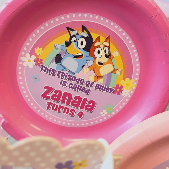 Personalized Bluey birthday party ultimate party pack bundle for your birthday girl featuring Bluey bingo their family and friends and sweet, colorful, playful, designs exclusive artwork styles for for your birthday party￼