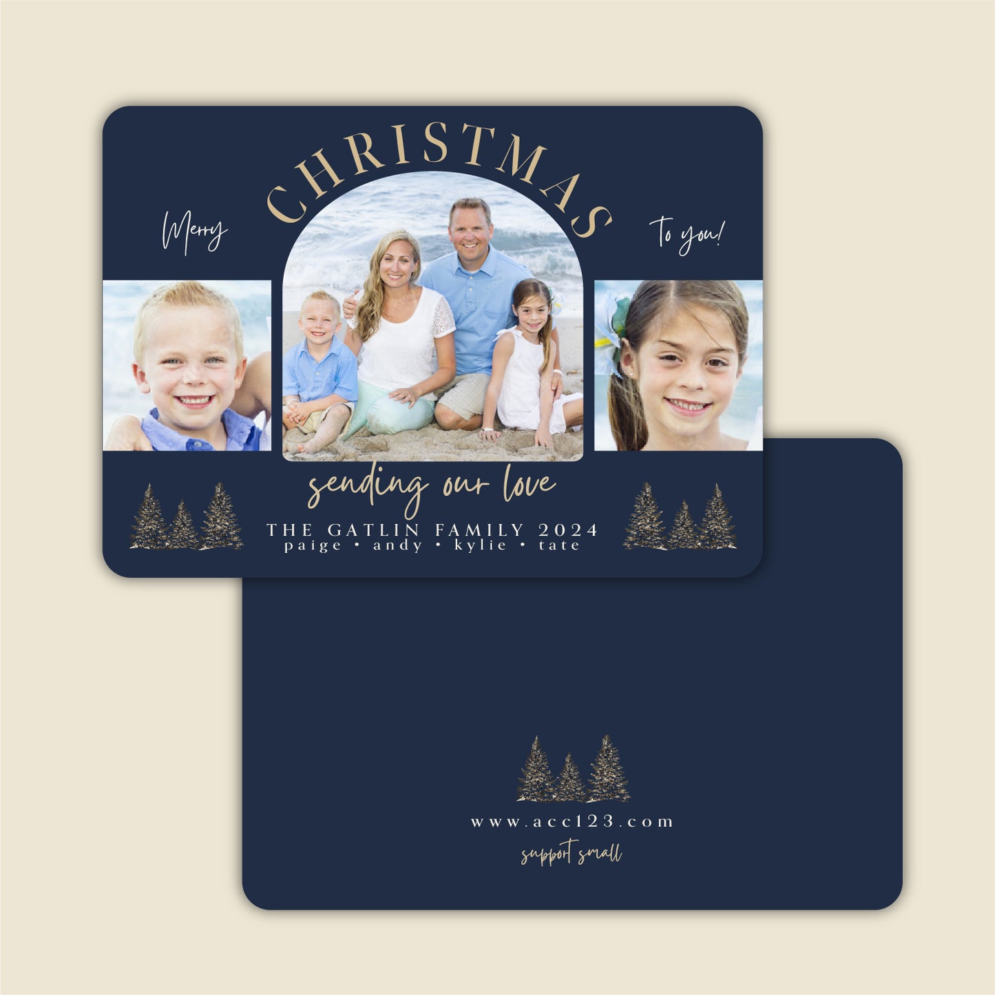 Navy Blue Horizontal Classic Holiday Card “Gatlin”, 3 photos, 12 Cards