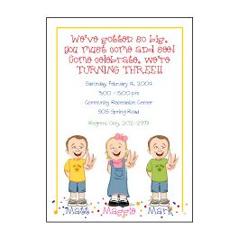 Triplets Cartoon Kids-3 B&G Birthday Invitation