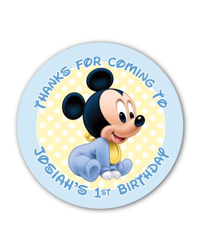 Baby Mickey First Birthday Personalized 3.33" Glossy Stickers, perfect for decorating your food table, diy favors, personalized with your child's name and baby Mickey Mouse 