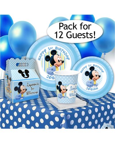 Baby Mickey First Birthday Basic Personalized Party Pack for 12