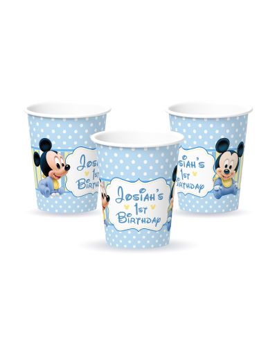 Baby Mickey Mouse First Birthday, Personalized Party Cups, 12 count. Custom made for your baby's Mickey Mouse party. High quality 9oz sturdy paper cups for warm or cold drinks. Delight your party guests and complete the look of your theme with these adora